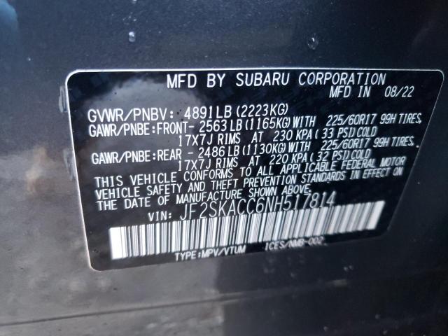 JF2SKACC6NH517814 - 2022 SUBARU FORESTER GRAY photo 14