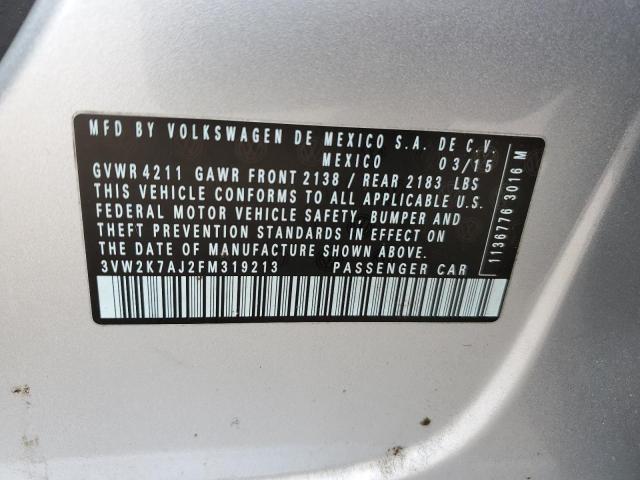3VW2K7AJ2FM319213 - 2015 VOLKSWAGEN JETTA BASE 银色 照片 12