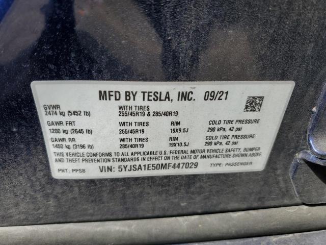 5YJSA1E50MF447029 - 2021 TESLA MODEL S 蓝色 照片 12