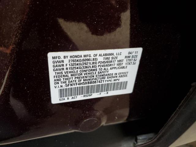 5FNYF4H5XBB087421 - 2011 HONDA PILOT EXL BURGUNDY photo 13