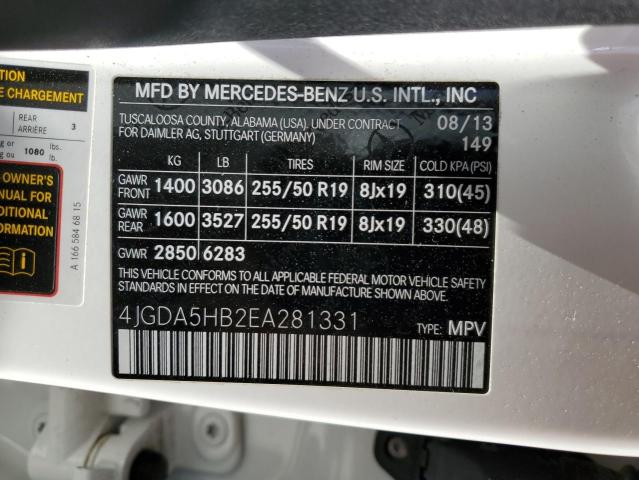 4JGDA5HB2EA281331 - 2014 MERCEDES-BENZ ML 350 4MATIC WHITE photo 12