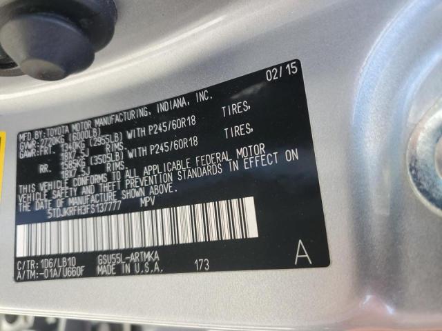 5TDJKRFH3FS137777 - 2015 TOYOTA HIGHLANDER XLE 银色 照片 14