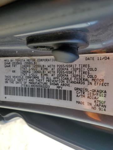 JTEBU14R050062223 - 2005 TOYOTA 4RUNNER SR5 GRAY photo 12