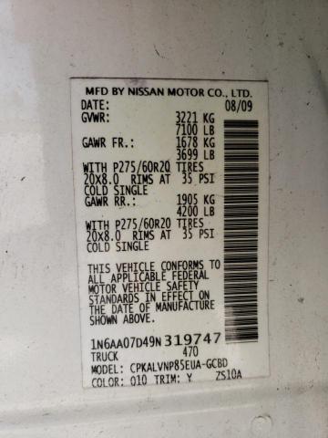 1N6AA07D49N319747 - 2009 NISSAN TITAN XE WHITE photo 12