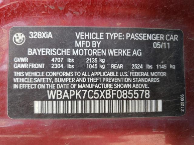 WBAPK7C5XBF085578 - 2011 BMW 328 XI RED photo 12