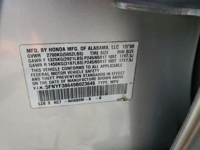 5FNYF38649B023646 - 2009 HONDA PILOT EXL SILVER photo 13