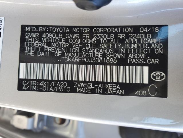 JTDKARFP0J3081886 - 2018 TOYOTA PRIUS PRIM 银色 照片 12