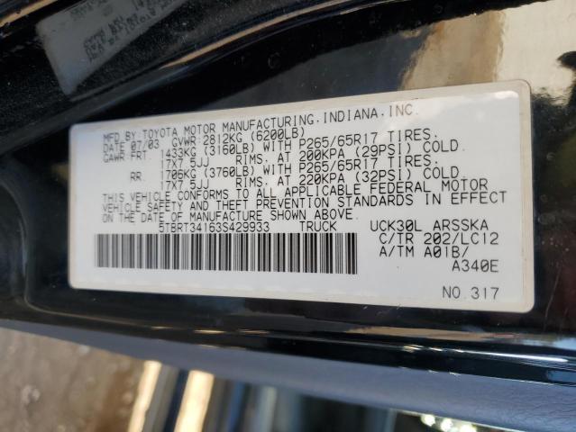 5TBRT34163S429933 - 2003 TOYOTA TUNDRA ACCESS CAB SR5 BLACK photo 12
