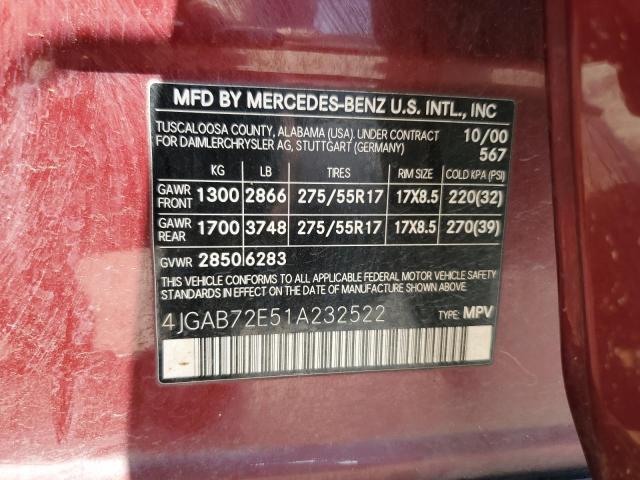 4JGAB72E51A232522 - 2001 MERCEDES-BENZ ML 430 BURGUNDY photo 12