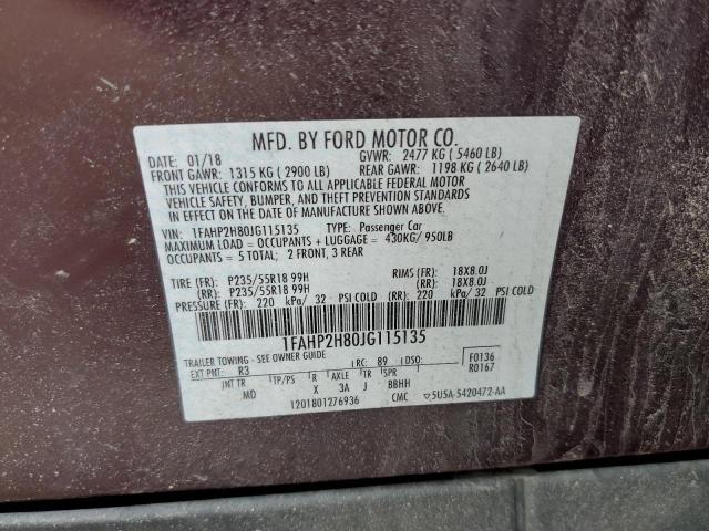 1FAHP2H80JG115135 - 2018 FORD TAURUS SEL MAROON photo 12