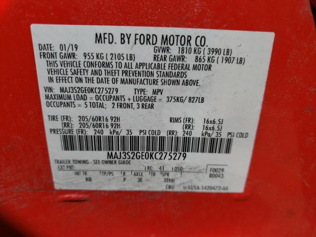 MAJ3S2GE0KC275279 - 2019 FORD ECOSPORT SE Rojo foto 12