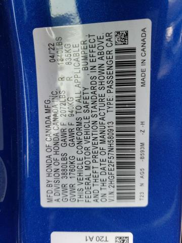 2HGFE2F57NH580913 - 2022 HONDA CIVIC SPORT 蓝色 照片 13