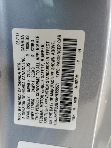 2HGFC3B78HH359571 - 2017 HONDA CIVIC EXL SILVER photo 12