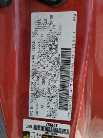 5TFTX4CN2CX014551 - 2012 TOYOTA TACOMA ACCESS CAB წითელი ფოტო 13