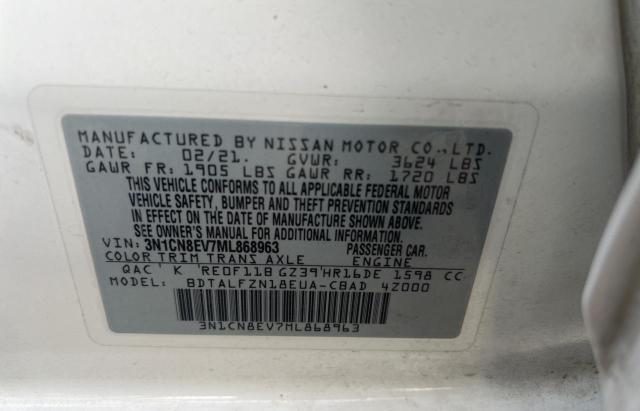 3N1CN8EV7ML868963 - 2021 NISSAN VERSA SV WHITE photo 10