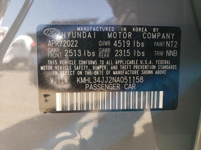 KMHL34JJ2NA051158 - 2022 HYUNDAI SONATA HYBRID GRAY photo 13