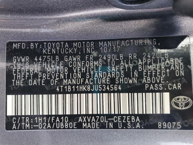 4T1B11HK8JU534564 - 2018 TOYOTA CAMRY L GRAY photo 13