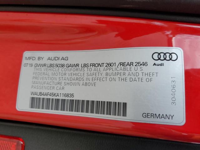 WAUB4AF45KA116835 - 2019 AUDI S4 PREMIUM PLUS RED photo 13