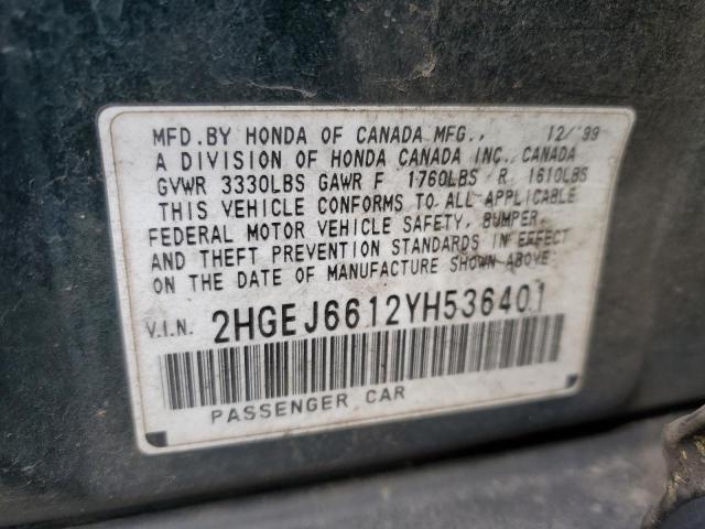 2HGEJ6612YH536401 - 2000 HONDA CIVIC BASE GREEN photo 12