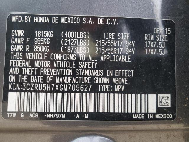3CZRU5H7XGM709627 - 2016 HONDA HR-V EXL GRAY photo 12