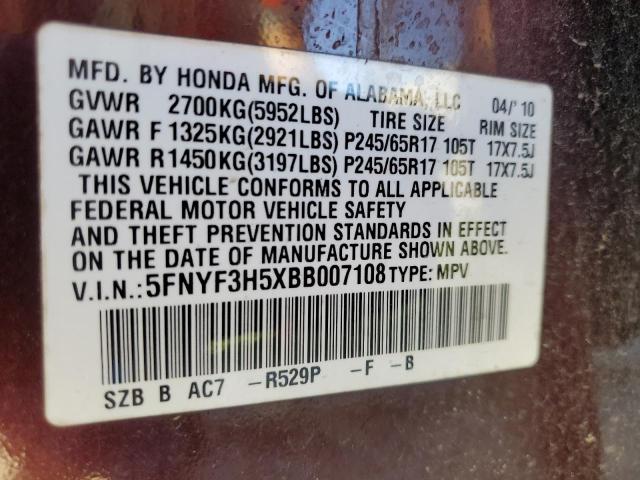 5FNYF3H5XBB007108 - 2011 HONDA PILOT EXL BURGUNDY photo 12