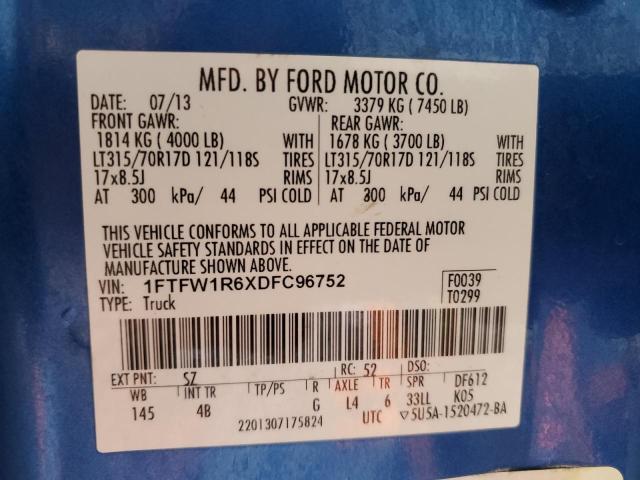 1FTFW1R6XDFC96752 - 2013 FORD F150 SVT RAPTOR BLUE photo 12