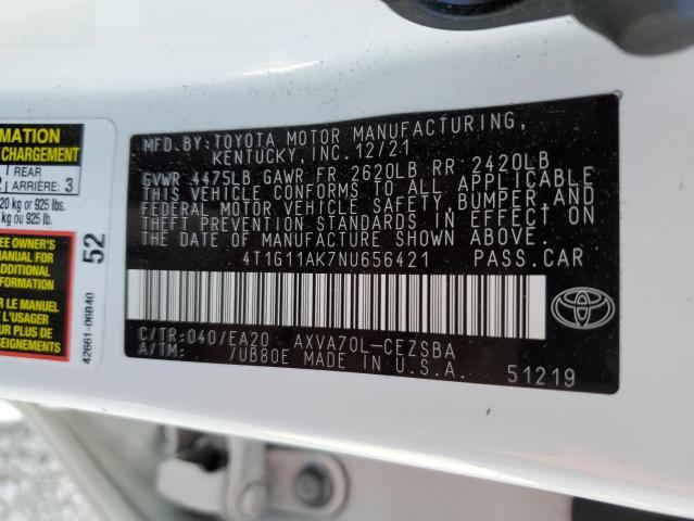 4T1G11AK7NU656421 - 2022 TOYOTA CAMRY SE WHITE photo 12