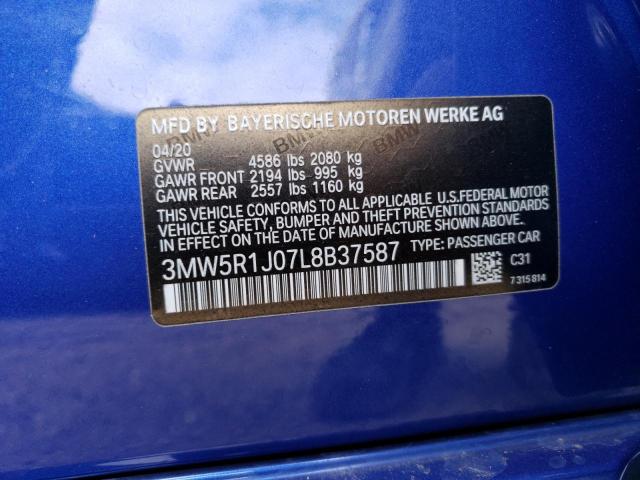 3MW5R1J07L8B37587 - 2020 BMW 330I BLUE photo 13
