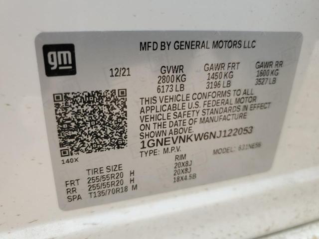 1GNEVNKW6NJ122053 - 2022 CHEVROLET TRAVERSE HIGH COUNTRY WHITE photo 12