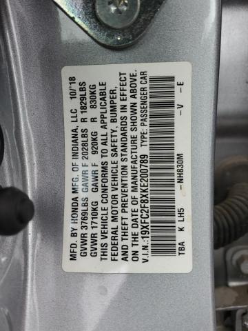 19XFC2F8XKE200789 - 2019 HONDA CIVIC SPORT SILVER photo 12