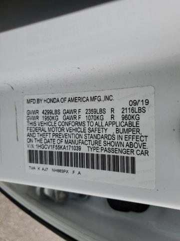 1HGCV1F55KA171039 - 2019 HONDA ACCORD EXL WHITE photo 12