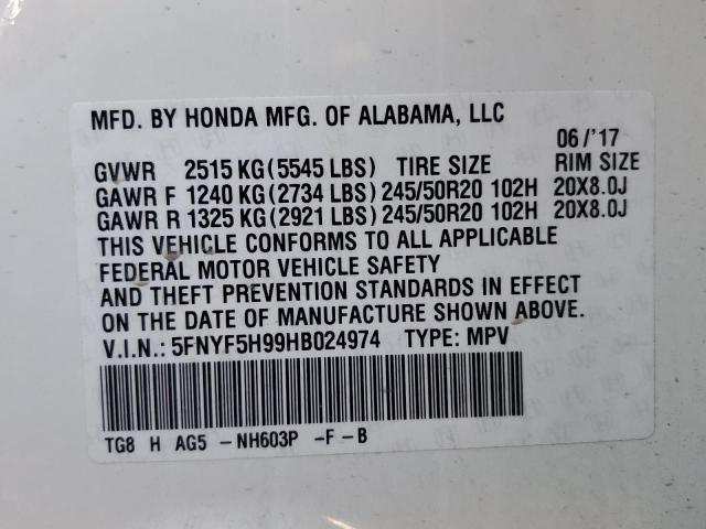 5FNYF5H99HB024974 - 2017 HONDA PILOT TOURING WHITE photo 13