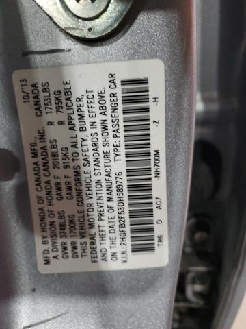 2HGFB2F53DH589776 - 2013 HONDA CIVIC LX SILVER photo 12