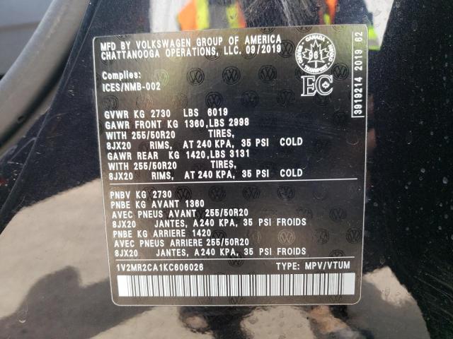 1V2MR2CA1KC606026 - 2019 VOLKSWAGEN ATLAS SEL BLACK photo 10