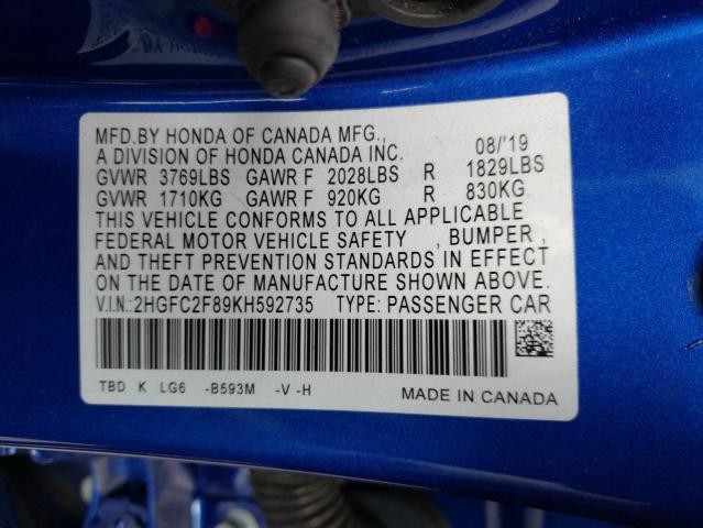2HGFC2F89KH592735 - 2019 HONDA CIVIC SPORT 蓝色 照片 12