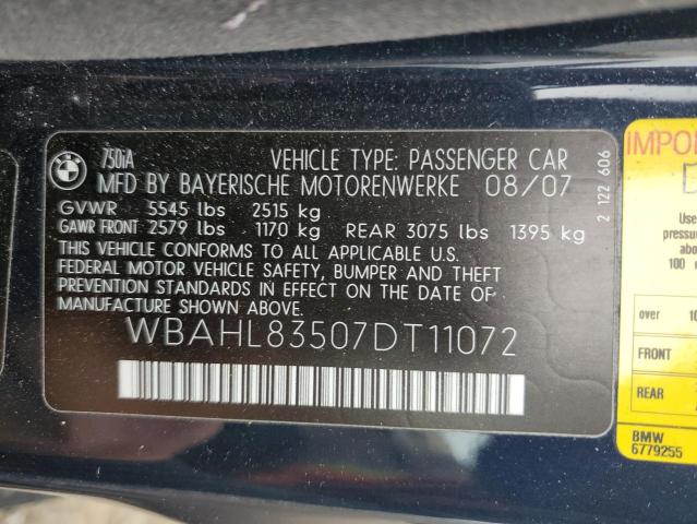 WBAHL83507DT11072 - 2007 BMW 750I I BLUE photo 12