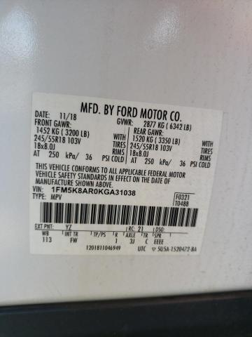 1FM5K8AR0KGA31038 - 2019 FORD EXPLORER POLICE INTERCEPTOR 白色 照片 13