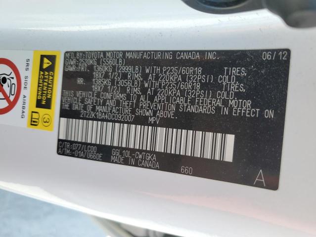 2T2ZK1BA4DC092007 - 2013 LEXUS RX 350 WHITE photo 13