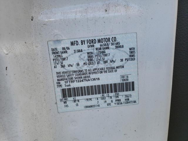 1FTRF12247NA13616 - 2007 FORD F-150 WHITE photo 12