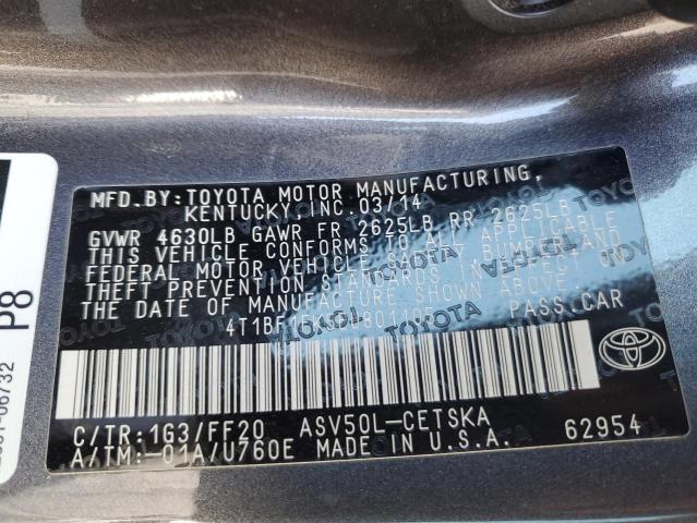 4T1BF1FK5EU801105 - 2014 TOYOTA CAMRY L GRAY photo 13