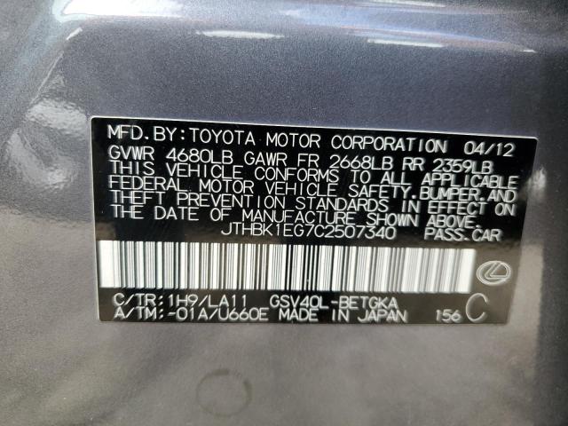 JTHBK1EG7C2507340 - 2012 LEXUS ES 350 GRAY photo 12