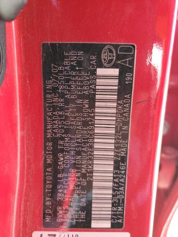 2T1KR32E38C691745 - 2008 TOYOTA COROLLA MA XR RED photo 13