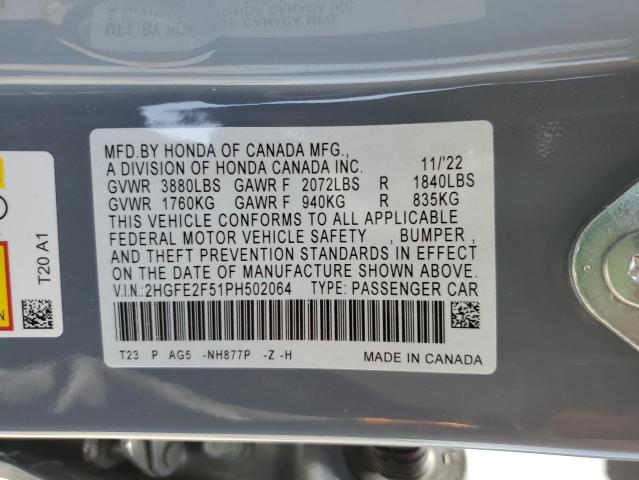 2HGFE2F51PH502064 - 2023 HONDA CIVIC SPORT 灰色 照片 12