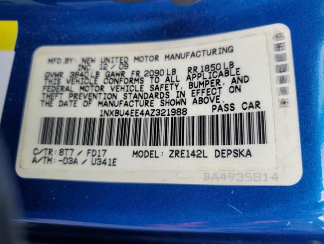 1NXBU4EE4AZ321988 - 2010 TOYOTA COROLLA BASE BLUE photo 13