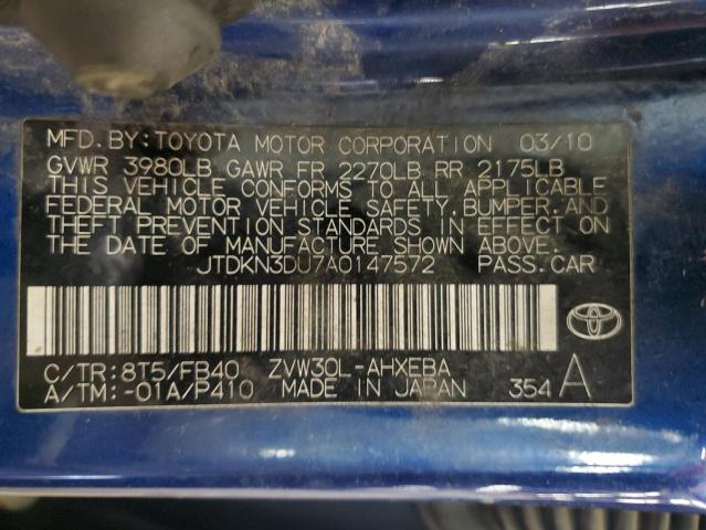 JTDKN3DU7A0147572 - 2010 TOYOTA PRIUS BLUE photo 12