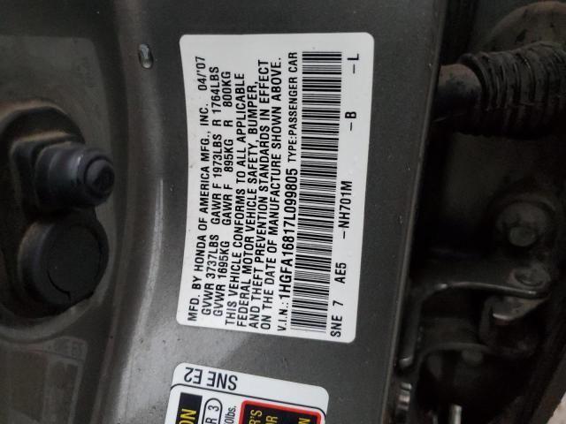 1HGFA16817L099805 - 2007 HONDA CIVIC EX GRAY photo 13