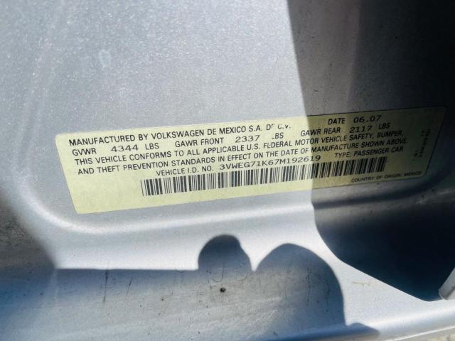 3VWEG71K67M192619 - 2007 VOLKSWAGEN JETTA WOLFSBURG 银色 照片 10