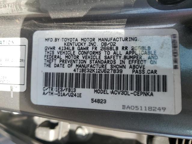 4T1BE32K12U627839 - 2002 TOYOTA CAMRY LE GRAY photo 12