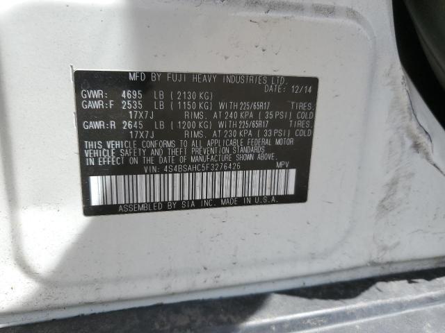 4S4BSAHC5F3276426 - 2015 SUBARU OUTBACK 2.5I PREMIUM WHITE photo 12