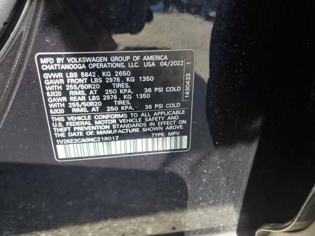 1V2KE2CA0NC218017 - 2022 VOLKSWAGEN ATLAS CROS SE Черный фото 12